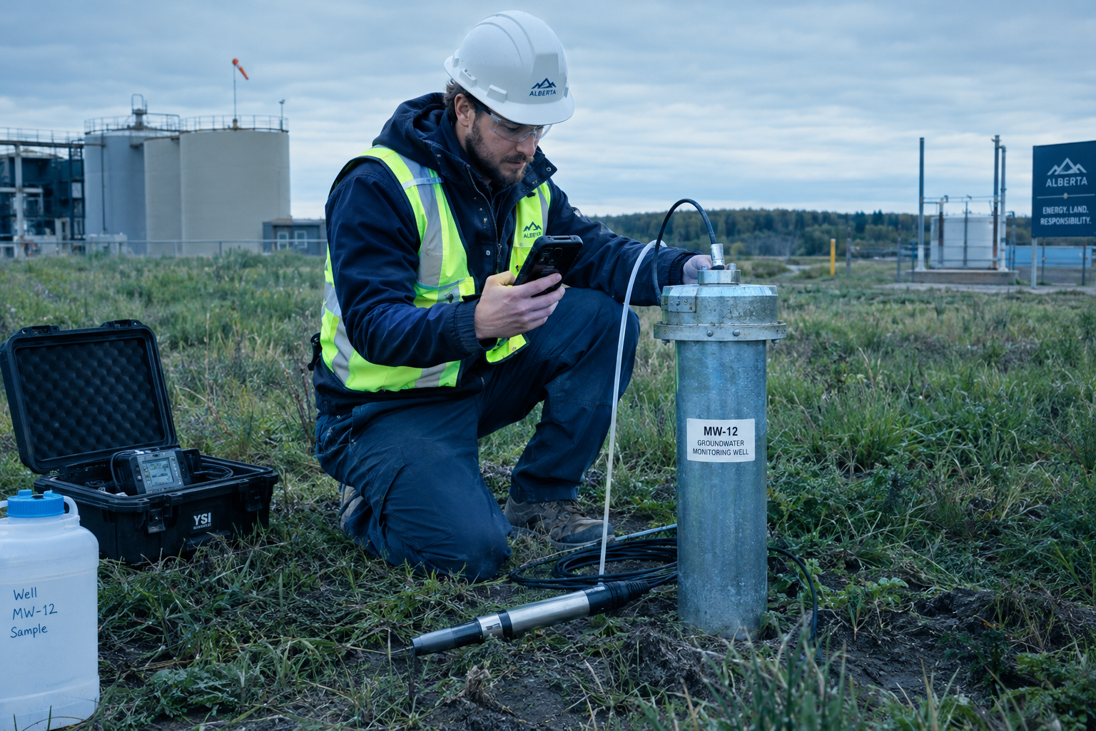Field technician in a high-visibility vest and hard hat standing beside a groundwater monitoring well, holding a phone and recording readings at the wellhead